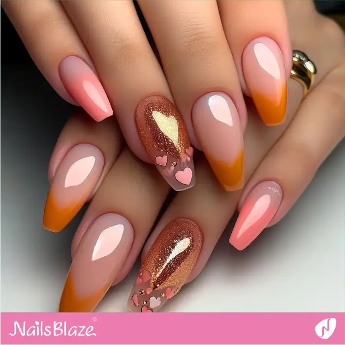 Glossy French Peach Fuzz Nails with Pink Hearts | Color of the Year 2024 - NB1904
